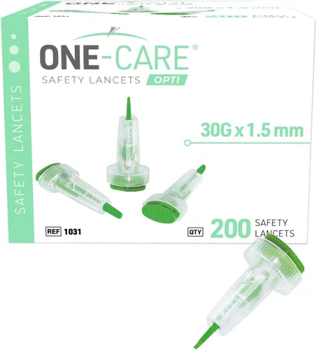 Vista 13 de ONE-CARE Opti - Lancetas de seguridad, botón superior activado, 21G x 0.110 in, cómodas, 200 unidades, precargadas, estériles