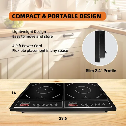 Vista 5 de 1800W Doble Inducción Cocina Compartición de Energía Portátil Quemador de Inducción Encimera Temperatura y Potencia Ajustes de Potencia Quemador