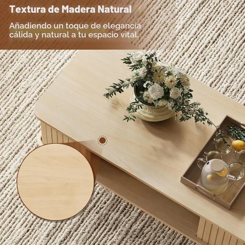 Vista 4 de Mesa de café LAZZO con almacenamiento mesa central para sala de estar mesa de café rectangular con bordes redondeados, fácil montaje, madera natural