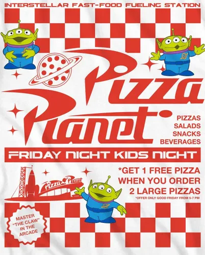 Vista 5 de Disney Pixar Toy Story Pizza Planet Take Out Flyer Disneyland World Tee Funny Humor Camiseta gráfica para hombre
