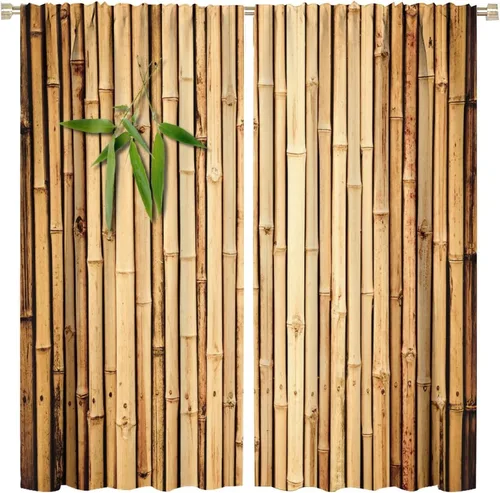 Vista 54 de Cortinas con estampado de bambú, tallos y hojas de bambú, temática oriental natural, oscurecimiento de habitación, ventana, ventana, cortina