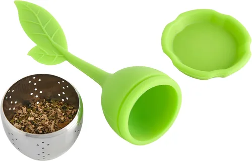 Vista 4 de HIC Kitchen Infusor de té Leaf con bandeja de goteo, té de hierbas de hojas sueltas, acero inoxidable 18/8 y silicona, juego de 2