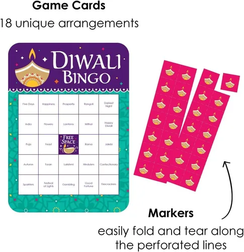 Vista 2 de Big Dot of Happiness Happy Diwali - Tarjetas de bingo y marcadores - Festival de luces - Juego de bingo para fiesta - Juego de 18