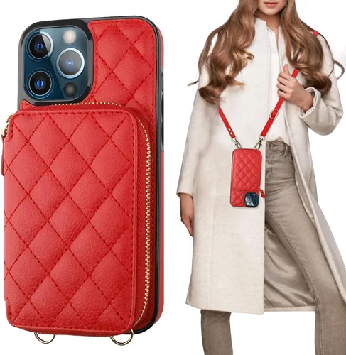 Vista 10 de Bocasal Funda tipo cartera cruzada para iPhone 13 Pro Max, bloqueo RFID de cuero PU con cremallera, bolso cartera con tapa plegable, funda tipo Beige