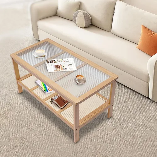 Vista 4 de Mesa auxiliar rectangular de 2 niveles de mediados de siglo con parte superior de cristal y estante de almacenamiento rústico, soporte de TV