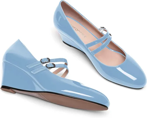 Vista 7 de SHOWFOREST Zapatos de tacón bajo con hebilla de punta redonda para mujer, con correa ajustable y correa ajustable, 2 pulgadas