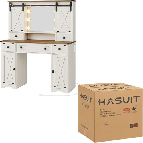 Vista 4 de Hasuit Escritorio de tocador de granja con espejo y luces, tocador de maquillaje blanco con estación de carga, espejo de tocador rústico con puerta