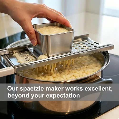 Vista 6 de Spaetzle Maker - Prensa de acero inoxidable con colador, fabricante de sppaetzle alemán de primera calidad con mango cómodo, herramienta tradicional