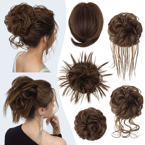 Vista 18 de HMD 5 piezas de moño despeinado para mujer, extensión de cabello con banda de goma elástica, extensión de cabello largo y desordenado, accesorios