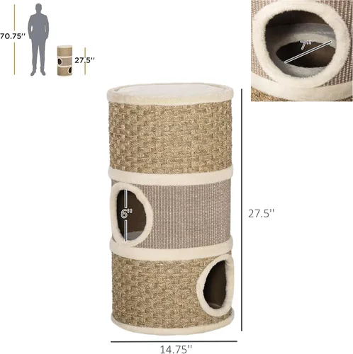 Vista 7 de PawHut Condominio para gatos de 28 pulgadas, escondite para gatos de 3 pisos con almohadilla de sisal, árbol pequeño en forma de barril para gatos