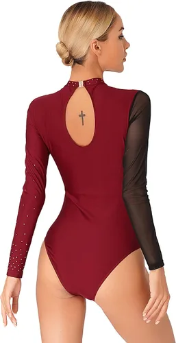 Vista 7 de iiniim Leotardo de malla para mujer, con diamantes de imitación, de malla, de manga larga, leotardos de gimnasia