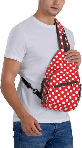 Vista 8 de Mochila cruzada de lunares rojos y blancos para viajes, senderismo, mochila para mujeres y hombres, unisex, bolsas de hombro para el pecho