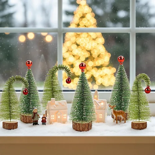 Vista 7 de Paquete de 6 mini árboles de Navidad de 7 pulgadas con cepillo