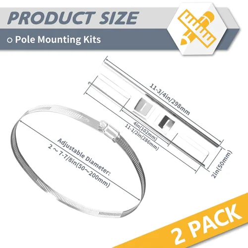 Vista 2 de Flamorrow Kit de montaje de poste, soportes de acero inoxidable 304 de 11.8 x 2 pulgadas con abrazadera ajustable de 1.969-7.874 in para cajas