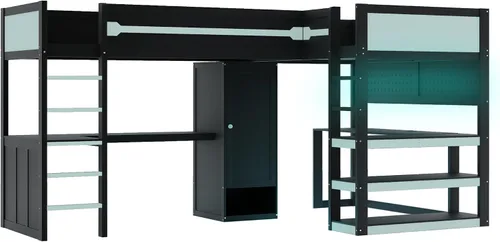 Vista 6 de Twin Size L-Shaped Gaming Loft Bed with Dual Built-in Desks，Black+Blue-P