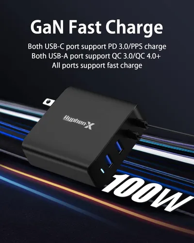 Vista 2 de Cargador USB C de 100 W, bloque de carga rápida GaN de 4 puertos, bloque de carga plegable tipo C, bloque de carga rápida compatible con MacBook