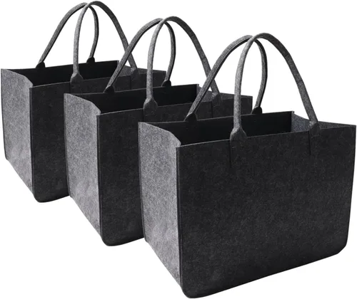 Vista 14 de Bolsa de fieltro, bolsas reutilizables grandes, bolsa de comestibles resistente con asas, bolsas de fieltro para compras, Gris oscuro 3 piezas