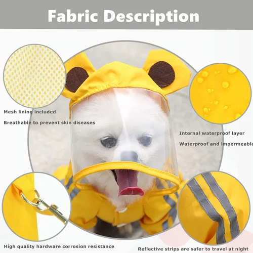 Vista 3 de Impermeable para perros, chaqueta impermeable para perros con rayas reflectantes de seguridad, poncho con capucha y correa para perros y cachorros