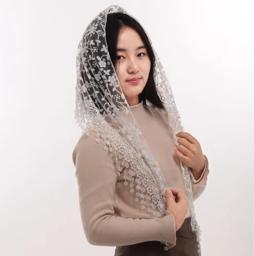 Vista 2 de BLESSUME 1pc mujeres patrón triángulo velo clásico mantilla suave encaje capilla velo
