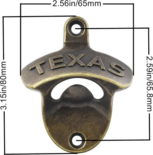 Vista 4 de Abrebotellas de bronce antiguo montado en la pared TEXAS A prueba de óxido, acabado vintage, atornillado en madera para mesa de pared, valla