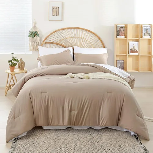 Vista 13 de weigelia Juego de edredón individual de 5 piezas beige en una bolsa, suave juego de ropa de cama Queen ligero para mujeres y hombres