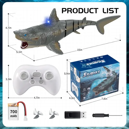 Vista 6 de Juguetes de agua de tiburón a control remoto para piscina, juguetes de verano para niños, megalodón de natación realista recargable con luz, regalo