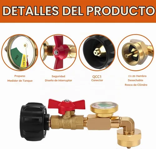 Vista 3 de 2025 Adaptador de Recarga de Propano Mejorado con Válvula y Calibre, Codo de Recarga QCC1 de Latón Sólido para Tanque Pequeño de 1 Libra a Cilindros