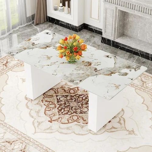 Vista 3 de Mesa rectangular grande y moderna con mesa de vidrio estampado de 0.39 pulgadas y patas de mesa grandes, adecuada para cocina, comedor y sala