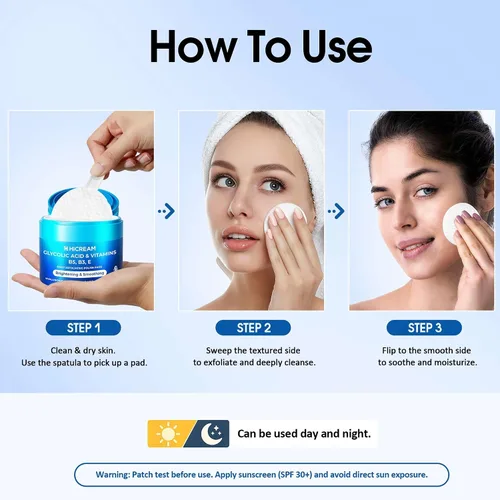 Vista 7 de Hicream Almohadillas de ácido glicólico, tónico exfoliante facial de doble textura para el cuidado de los poros y la luminosidad de la piel