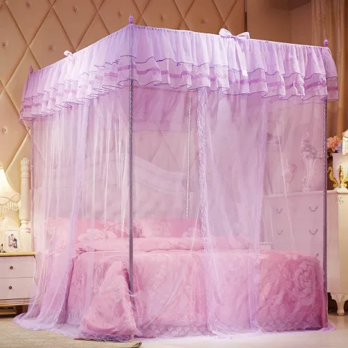 Vista 6 de Mosquitero para cama con detalles de encaje. Mosquitero de lujo mosquitero de cuatro esquinas para cama princesa, para interior o exterior Morado