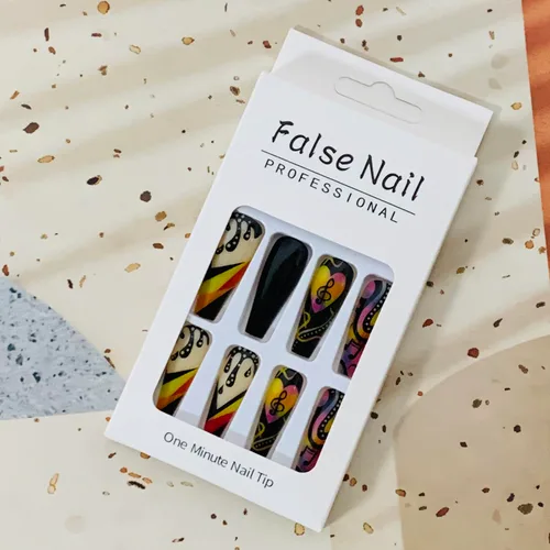 Vista 6 de 24 uñas postizas cuadradas de color negro brillante, de cobertura completa, con diseños de notas musicales, uñas postizas acrílicas con pegamento