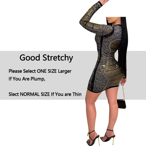 Vista 2 de PORRCEY - Vestido de noche sexy con manga larga y diamantes de imitación para mujer, fiestas y discotecas