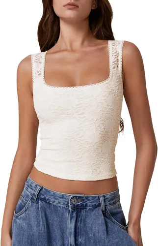 Vista 18 de QINSEN Camiseta sin mangas de doble capa con cuello cuadrado y ribete de encaje para mujer Amarillo claro