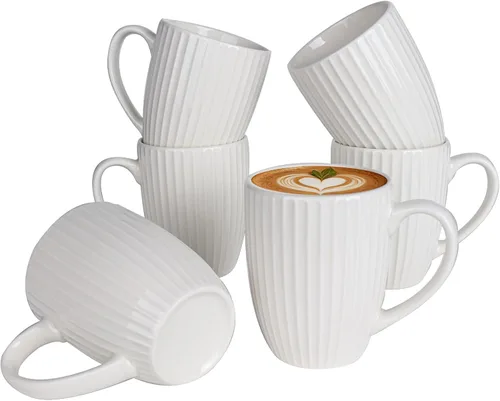 Vista 9 de Juego de tazas de café de cerámica blanca de 6 a 14 onzas con asa para café con leche, té caliente, capuchino, moca, cacao, microondas