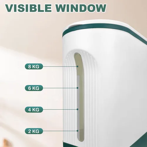 Vista 4 de LUOKER Dispensador de arroz, almacenamiento de arroz de 25 libras con taza medidora, recipiente de arroz blanco y verde con un solo toque