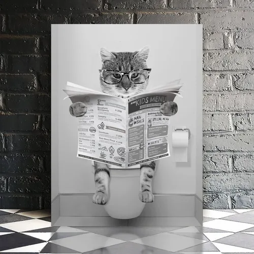 Vista 3 de Divertido lienzo de pared de gato en blanco y negro, decoración moderna de pared de baño, gato sentado en el inodoro, lectura de periódicos, pintura