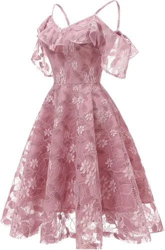 Vista 2 de IWEMEK Vestido de fiesta de cóctel con tirantes delgados y encaje floral para dama de honor, hombros descubiertos, manga con volantes, vestido