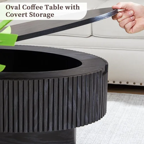 Vista 6 de Janmer Home Mesa de Centro Ovalada con Almacenamiento Oculto, Mesa de Centro Moderna de 31.5 Pulgadas de Ancho, Mesa Central con Chapa Acanalada