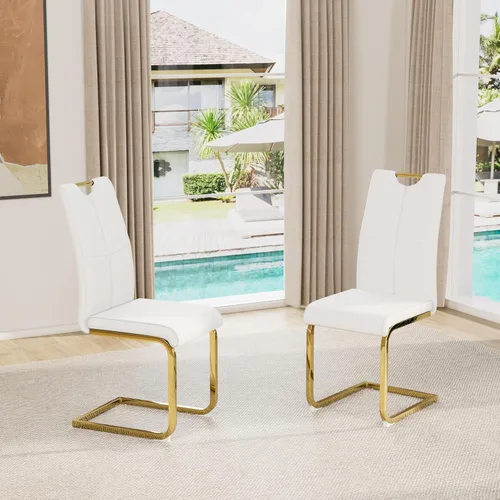 Vista 46 de Juego de sillas de comedor modernas (2 unidades) de piel sintética PU con respaldo alto tapizadas con patas doradas de metal para cocina y comedor