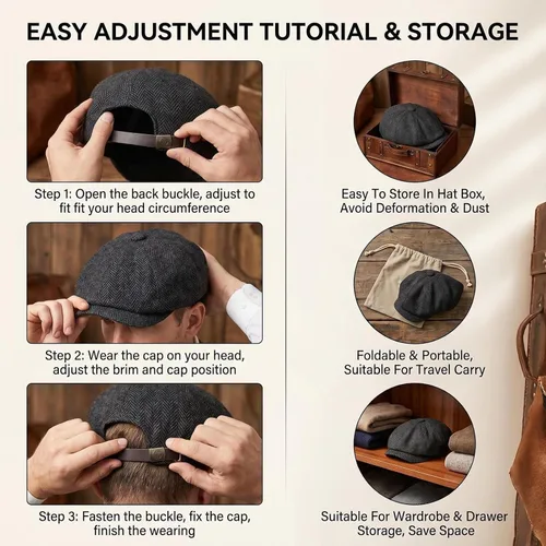 Vista 4 de Mens Classic Wool Blend 8 Panel Newsboy Flat Cap Vintage Herringbone Tweed Hat Cabbie Cap Conducción Caza Cap (negro)