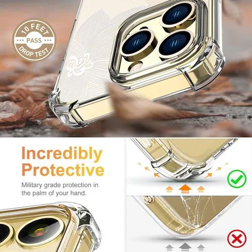 Vista 3 de Funda compatible con iPhone 13 Pro con protector de pantalla, diseño de patrón de flores, funda transparente floral para mujer, a prueba de golpes