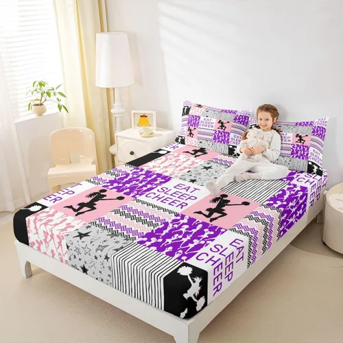 Vista 23 de Sábana bajera ajustable de ballet para niñas, juego de ropa de cama de ballet para danza de ballet, sábanas de cama con rayas geométricas onduladas