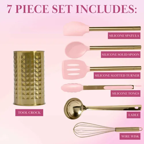 Vista 4 de Paris Hilton Juego de herramientas de cocina con recipiente para utensilios con utensilios de cocina de silicona, batidor y cucharón de acero