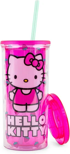 Vista 2 de Toynk Sanrio Hello Kitty Berry - Vaso de plástico para carnaval, vaso de viaje con tapa y popote reutilizable, capacidad para 20 onzas