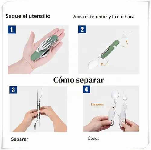 Vista 3 de Juego de cubiertos multifunción 6 en 1 para acampar, cuchara desmontable, tenedor, cuchillo, kit combinado con bolsa de transporte