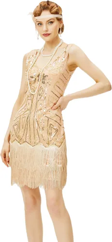 Vista 12 de BABEYOND Vestido de mujer con estilo charlestón de los años 20, cuello en V, con cuentas y flecos, estilo Gran Gatsby