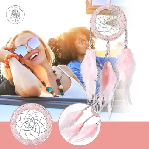 Vista 2 de Atrapasueños de lujo, pluma de gallo rosa claro con diamante de cristal, pequeño atrapasueños hecho a mano para dormitorio, un atrapasueños