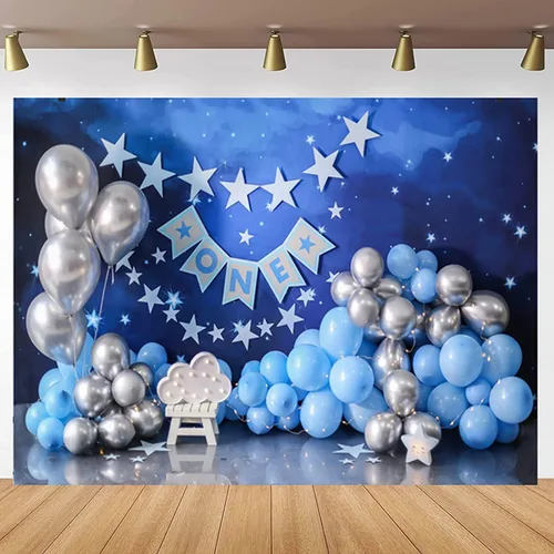 Vista 4 de Telón de fondo de 1er cumpleaños con globos azules y plateados, globos azules y plateados, fondo de fiesta de primer cumpleaños para niños recién