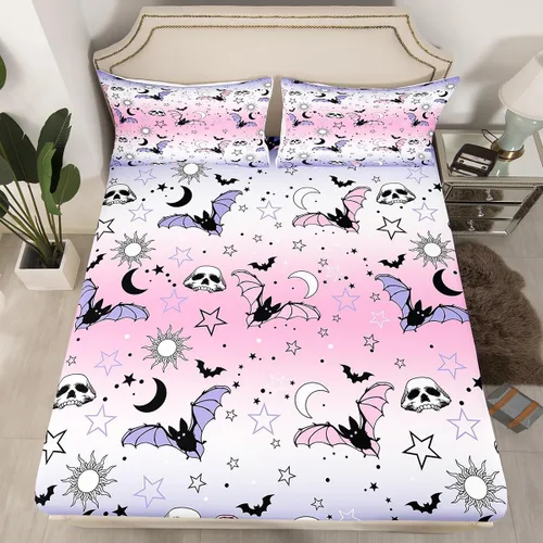 Vista 33 de Juego de sábanas bajeras con bonito diseño de gato negro para niños y niñas, diseño de dibujos animados de Halloween, gato, animales, sábanas
