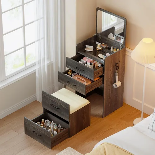 Vista 14 de Lvifur Escritorio de tocador 3 en 1 con espejo y luces, mesa de tocador de maquillaje con taburete acolchado, mesa de tocador compacta y escritorio